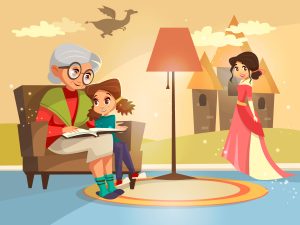 Vector cartoon grandmother reading to girl